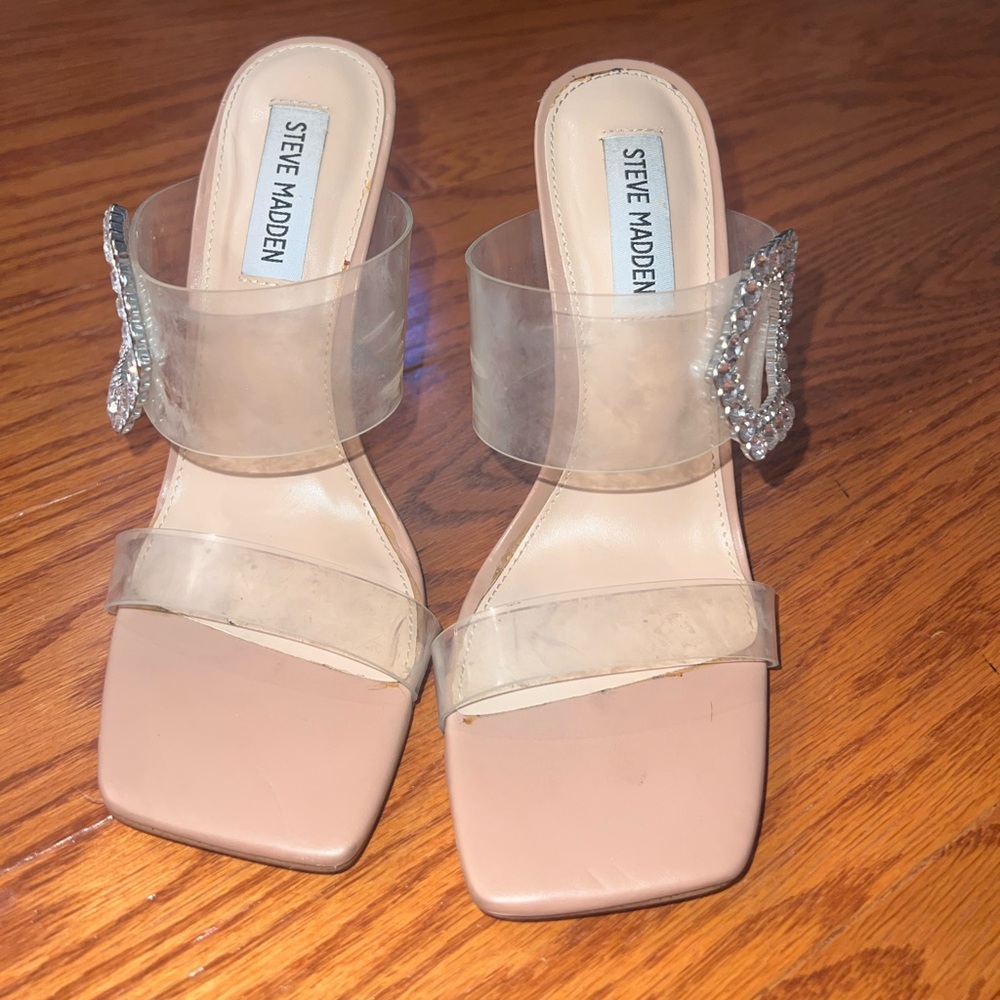 Steve Madden Nude Heels with Clear Straps and Rhinestone Accent